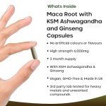 Maca Root Capsules with KSM Ashwagandha and Ginseng - 180 High Strength 6000mg Maca Root + Ashwagandha KSM-66, Panax Ginseng & Black Pepper - Vegan Capsules Made in The UK