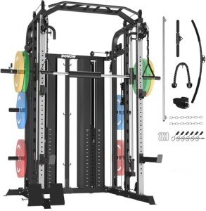 DONOW Smith Machine with Weight Stacks Power Cage Squat Rack Dual Cable Crossover Machine Home Gym Systems Station LAT Pull Down 160kg Cement Weights Ratio 2:1
