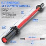 E.T.ENERGIC 4ft Olympic Barbell 20KG Bar Load 500lbs Capacity Available Men's Barbell with Hard Chrome Sleeves for 2" Olympic Plates