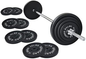 Fitvids Cast Iron Standard Weight Plates Including 5FT Standard Barbell with Star Locks, 95-Pound Set (85 Pounds Plates + 10 Pounds Barbell), Multiple Packages, Style #1