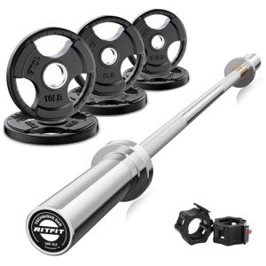 RitFit Barbell Weight Set - 4/6FT Olympic Barbell with 35/85LB Weight Plates (55-115LB Total) - Weightlifting Equipment for Squats, Curls, Deadlifts, Presses, Hip Thrusts 4FT Silver Bar with 35LB Plates