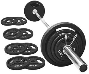 Signature Fitness Cast Iron Olympic 2-Inch Weight Plates Including 7FT Olympic Barbell, 130-Pound Set (85 Pounds Plates + 45 Pounds Barbell), Multiple Packages, Style #7