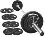 Signature Fitness Cast Iron Olympic 2-Inch Weight Plates Including 7FT Olympic Barbell, 130-Pound Set (85 Pounds Plates + 45 Pounds Barbell), Multiple Packages, Style #7