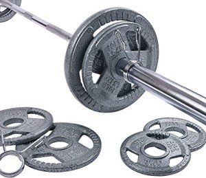 Signature Fitness Cast Iron Olympic 2-Inch Weight Plates Including 7FT Olympic Barbell, 130-Pound Set (85 Pounds Plates + 45 Pounds Barbell), Multiple Packages, X-Gen Style