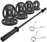 Fitvids Cast Iron Olympic Weight Plates Including 5FT Olympic Barbell with Locks, 100-Pound Set (85 Pounds Plates + 15 Pounds Barbell)