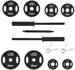 Fitvids Cast Iron Olympic Weight Plates Including 5FT Olympic Barbell with Locks, 100-Pound Set (85 Pounds Plates + 15 Pounds Barbell)