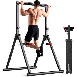 SERTT Foldable Power Tower Dip Station Pull Up Bar, Multifunction Home Gym Strength Training Equipment, Fitness Triangular Design Pullup Dip Station Rack, Support 440LBS