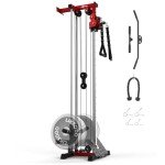 Liksodo Cable Station Wall Mounted, 18 Height Pulley Tower, LAT Pull-Down Machine with Adjustable Dual Pulley System, High and Low Cable Crossover Machine with LAT Row LAT Tower for Home Gym, Red