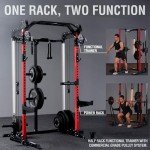 Mikolo Power Cage, 2000LB Power Rack with Independent Dual Pulley System, Multi-Function Home Gym Workout Machine for Cable Crossover (Red)
