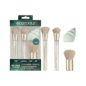 EcoTools Sea Gems Face Makeup Brush & Sponge 4 Piece Set, Eco-Friendly Makeup Brushes & Makeup Sponge, For Foundation, Blush, Contour, & Setting Powder, Recycled Plastic, Cruelty-Free Tools