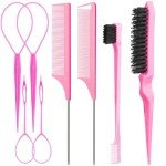 Aigee 8Pcs Hair Styling Combs Set Include 4Pcs Topsy Hair Tail Tools 2 Styles of Rat Tail Comb,1Pcs Bristle Teasing And Slick Back Hair Brush,1Pcs Edge Control Brush,Eyebrow Brush for Woman Girl Pink