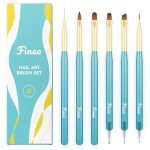 Finea Nail Art Brushes and Dotting Tools 6pcs Set for Builder Gel Polygel Gel Polish Paint Design with Flat, Round, Thin Liner, French Tip, Small Detail Painting, 3D Acrylic Flower Brushes, Gold Blue