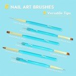 Finea Nail Art Brushes and Dotting Tools 6pcs Set for Builder Gel Polygel Gel Polish Paint Design with Flat, Round, Thin Liner, French Tip, Small Detail Painting, 3D Acrylic Flower Brushes, Gold Blue