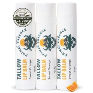 Dr. Dave's Primal Essence Moisturizing Tallow Lip Balm - Grass-Fed Beef Tallow with Organic Coconut Oil, Beeswax and Vitamin E - Sweet Orange, 3-Pack