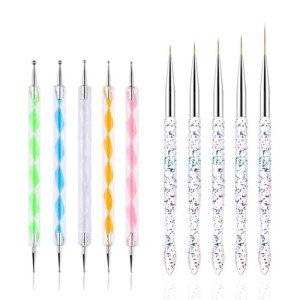 FULINJOY Nail Dotting Tools 10 Pcs Kit, 5 Pcs Double-end Nail Dotting tools and 5 Pcs Nail Art Liner Brushes, Nail Art Design Tools