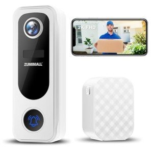 ZUMIMALL Doorbell Camera Wireless, Video Doorbell Wireless with Chime, 2 Way Audio, Voice Changer, 30s Voice Message, Anti-Theft, AI Detection, 2.4Ghz WiFi Only, Battery Powered, Work with Alexa,White