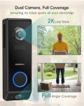 ZUMIMALL Dual Lens Doorbell Camera with Chime, 2K HD Video Doorbell Wireless Battery Solar Powered, No Monthly Fees, Wireless/Wired Installation, 2-Way Talk/IP65/Cloud/Alexa/PIR/AI/2.4G WiFi