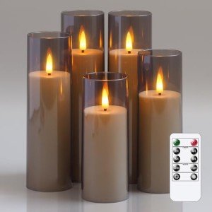 Yeelida Flameless Flickering Candles with Remote Control and Timer, Battery Operated LED Fake 2.2" x 5",6",7",8",8" Plastic Pillar Candles for Home Decor(Long-Lasting, Grey)