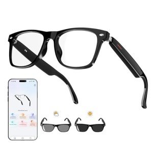 AI Translator Smart Glasses for Men Women, Bluetooth Audio Glasses with Photochromic Transition Lenses, Voice Assistant, Open Ear Lighweight Eyeware, Black