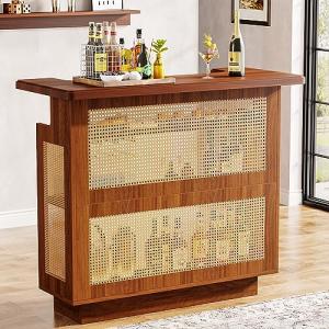 Farmhouse Rattan Bar Table with Stemware Racks