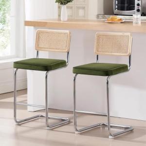 Boho Rattan Bar Stools Set of 2, Green