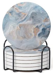 Set of 6 Blue Marble Coasters with Holder
