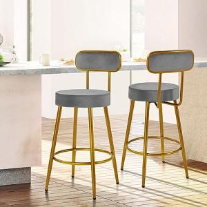 Set of 2 Grey Velvet Bar Stools with Backrest