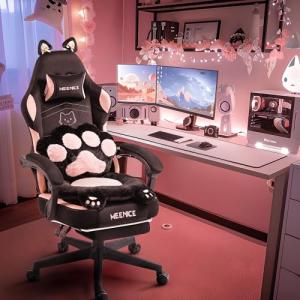 Cat Ear Pink Gaming Chair with Footrest