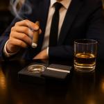 Compact Black Wood Cigar Ashtray with Steel Tray