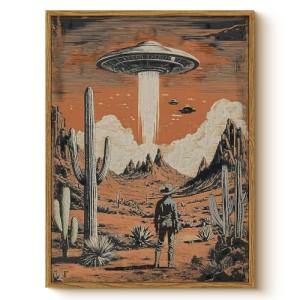 Retro UFO Cowboy Framed Canvas Wall Art