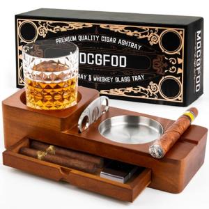 Wooden Cigar Ashtray and Whiskey Glass Set