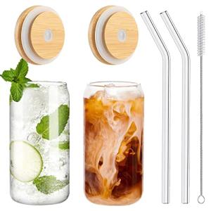 WISIMMALL 16oz Glass Cups with Bamboo Lids
