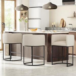 Set of 3 Modern Barrel Bar Stools - Beige