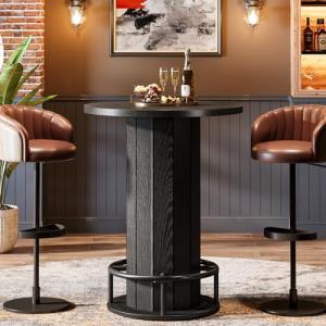 Tribesigns Round Black Bar Table with Footrest
