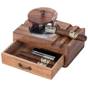 Vintage Wooden Cigar Ashtray with Windproof Lid