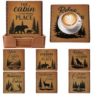 Rustic Bear Leather Coasters Set with Holder