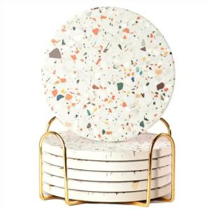 Terrazzo Drink Absorbent Coasters with Holder – Set of 6