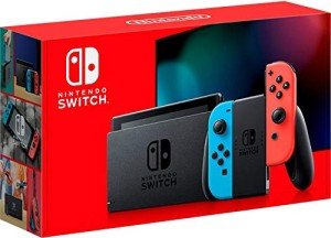 Nintendo Switch with Neon Blue and Red Controllers