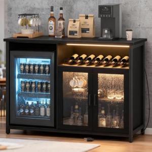 KAI-ROAD Black Wine Bar Cabinet with Mini Fridge