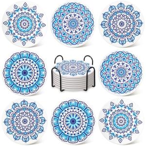 Funny Blue Mandala Coaster Set with Holder