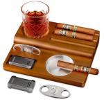 Wooden Cigar Ashtray Set with Lighter and Cutter