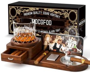 Wooden Cigar Ashtray Set with Whiskey Glass Tray