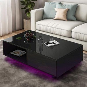 LED Black Coffee Table with Storage Drawer