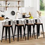 Set of 4 Black Metal Bar Stools with Wood Seat