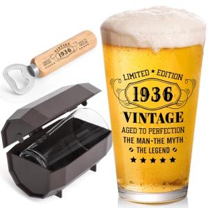 WelDesine 90th Birthday Gifts for Men, Vintage 1936 Beer Glass Set of 16oz in Barrel Box, 90 Year Old Gift Ideas for Him Husband Dad, Pint Glass for 90th Birthday Decorations & Wedding Anniversary