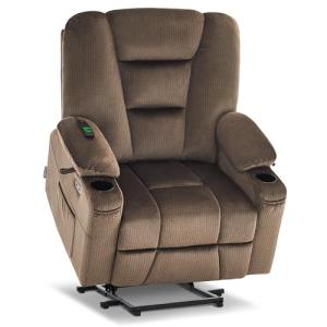 MCombo Oversized Power Lift Recliner Chair Sofa with Massage and Heat for Elderly People Petite, USB Ports, Side Pockets, Fabric R7561 (Brown, Small-Oversize)