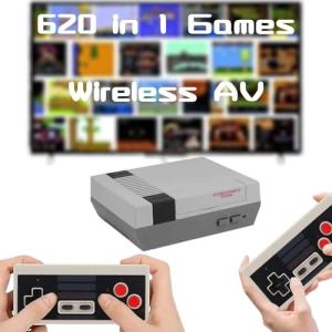 Retro Game Console, Wireless Retro Gaming System, Built-in 620 Classic Video Games, Plug & Play Game Console for TV with AV Output and 2 Wireless Controllers (Grayish White)