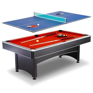 Hathaway Maverick 7 Foot Pool Table with Table Tennis Top – with Accessories for Both Games – Space-Saving Ping Pong and Pool Table Combo for Families – Matte Black Finish, Red Felt