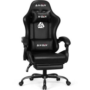 NEO Chair Video Gaming Chair with Footrest High Back Ergonomic Comfortable Office Computer Desk with Lumbar Support Height Adjustable with PU Leather Recliner for Adults Women Men (All Black)