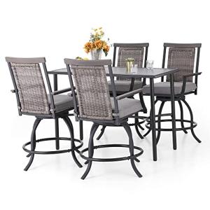 PHI VILLA 5 PCS Outdoor Counter Height Table and Chairs,Swivel Outdoor Bar Chairs with Grey Cushion and Metal bar Table for All Weather,Patio High Dining Set for Indoor,Garden,Yard